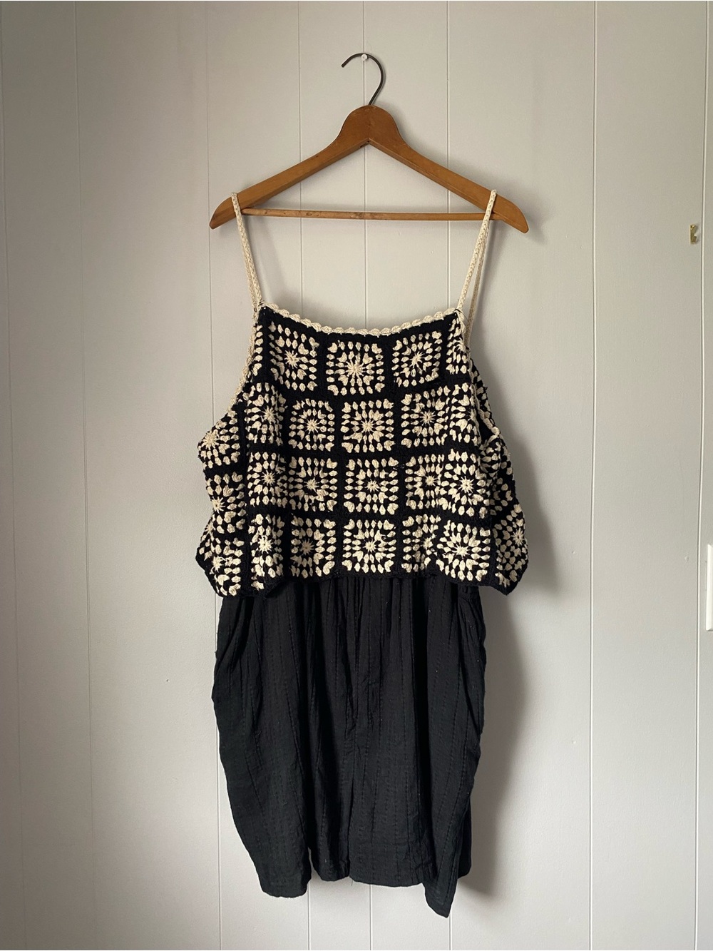 Lucky Brand Black & Cream Crochet Square Romper- Women's Summer Knit